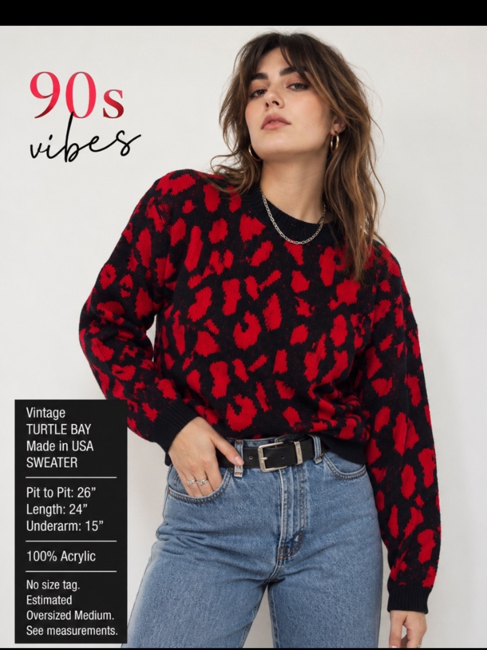 Vintage Turtle Bay  made in USA Red & Black Leopard Crewneck Sweater